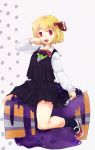  1girl blonde_hair blueberry bow cake eating food fork fruit hair_bow highres mary_janes murani red_eyes rumia shoes skirt solo tongue_out touhou 