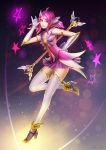  1girl \m/ ahoge alternate_costume alternate_hair_color alternate_hairstyle ankle_wings armlet badcompzero choker elbow_gloves flat_chest full_body gloves hand_on_hip league_of_legends luxanna_crownguard magical_girl pink_hair sailor_collar skirt solo standing_on_one_leg star star_guardian_lux starry_background thigh-highs tiara twintails wand white_gloves zettai_ryouiki 