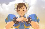  1girl blue_dress bracelet brown_eyes brown_hair bun_cover china_dress chinese_clothes chun-li clouds cloudy_sky double_bun dress earrings eyeliner female jewelry kagetomo_seiko lips makeup portrait puffy_short_sleeves puffy_sleeves short_hair short_sleeves sky solo spiked_bracelet spikes steepled_fingers street_fighter 