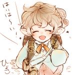  1girl :d androgynous backpack bag bangs blush brown_hair closed_eyes compass from_above granblue_fantasy homuyama long_sleeves lowres open_mouth orange_ribbon pointy_ears ribbon scroll short_hair shorts sierokarte simple_background sleeves_past_wrists smile solo star white_background 