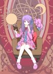  1girl book capelet chair crescent cup hair_ribbon hat hat_removed headwear_removed knees_together_feet_apart long_hair long_sleeves mikotoplus mob_cap patchouli_knowledge purple_hair ribbon ribbon_trim shoes sitting socks solo teacup touhou tress_ribbon violet_eyes white_legwear 