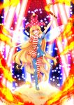  1girl absurdly_long_hair american_flag_legwear american_flag_shirt arm_up blonde_hair blush clownpiece fairy_wings full_body hat jester_cap long_hair looking_at_viewer nanaharu_(0420) open_mouth outstretched_arms pink_eyes print_legwear short_sleeves smile solo star striped touhou very_long_hair wings 