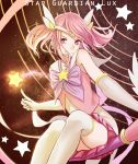  1girl alternate_costume alternate_hair_color alternate_hairstyle bow broom broom_riding character_name choker elbow_gloves flat_chest gloves heart heart-shaped_pupils league_of_legends llxhh luxanna_crownguard magical_girl pink_hair sailor_collar skirt solo star star_guardian_lux starry_background symbol-shaped_pupils thigh-highs tiara twintails violet_eyes wand white_gloves white_legwear 