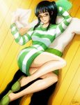  1boy 1girl bespectacled black_hair blue_eyes esther glasses light_smile long_hair looking_at_viewer lying lying_on_person nico_robin on_stomach one_piece outstretched_arms ponytail roronoa_zoro short_hair thighs wooden_floor 