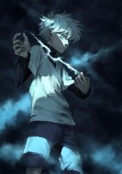  1boy absurdres blue_eyes cowboy_shot dark electricity gehirnkaefer highres hunter_x_hunter killua_zoldyck light male_focus shorts solo t-shirt white_hair 