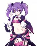  1girl :q aisha_(elsword) angkor_(elsword) bandeau cowboy_shot creature detached_sleeves elsword flat_chest hand_on_hip harin_0 korean midriff miniskirt navel purple_hair purple_skirt short_hair skirt tongue tongue_out twintails violet_eyes void_princess_(elsword) white_background 