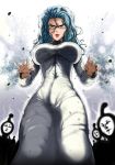  1girl aura blue_hair breasts character_request from_below glasses green_eyes huge_breasts long_hair onepunch_man over-rim_glasses semi-rimless_glasses solo_focus the_golden_smurf 
