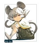  1girl animal_ears capelet character_name grey_hair mouse_ears mouse_tail nazrin red_eyes ryuhey short_hair sitting solo tail touhou twitter_username 