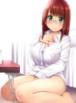  1girl bare_legs barefoot blush bottomless breasts glasses green_eyes hand_on_own_chest kozue_akari large_breasts long_hair long_sleeves naked_shirt original redhead see-through shirt sitting smile solo table wariza 