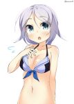  1girl :o alternate_costume arm_behind_back bare_shoulders bikini bikini_top blue_eyes blush braid flying_sweatdrops hand_on_own_chest kankitsunabe_(citrus) kantai_collection long_hair looking_at_viewer navel open_mouth silver_hair simple_background single_braid solo swimsuit twitter_username umikaze_(kantai_collection) upper_body 