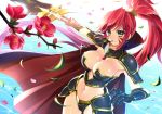  1girl armor blush branch breasts bucchake_(asami) cape cleavage facial_mark flower grin highres large_breasts leaf long_hair mouth_hold oda_nobunaga_(sengoku_otome) petals ponytail redhead sengoku_otome smile solo sword weapon yellow_eyes 