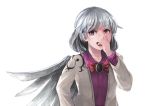  1girl angel_wings bow brooch dress ichiba_youichi jacket jewelry kishin_sagume long_sleeves looking_at_viewer open_clothes open_jacket open_mouth purple_dress red_eyes silver_hair single_wing smile solo touhou wings 