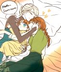  3girls anna_(frozen) bed blonde_hair child closed_eyes couple elsa_(frozen) english family frozen_(disney) hair_up happy hooreng hug incest lying mother_and_daughter multiple_girls one_eye_closed orange_hair siblings sisters yuri 