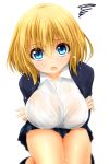  1girl :o blonde_hair blue_eyes blush breast_hold breasts highres innocent_red kozuka_hikari large_breasts looking_at_viewer open_mouth original see-through short_hair solo spinning watarui wet wet_clothes white_background 