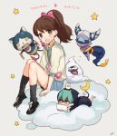  1boy 2girls blue_lips blush brown_eyes brown_hair cat closed_eyes clouds copyright_name crescent_moon cup cyclops fuumin_(youkai_watch) ghost green_hair handheld_game_console high_ponytail jetpack kippu kodama_fumika long_hair looking_at_viewer lying moon mug multiple_girls multiple_tails nintendo_3ds notched_ear on_stomach one-eyed open_mouth pendant_watch purple_skin rivets robonyan robot shorts simple_background sitting star tail tetsuya_(youkai_watch) two_tails watch whisper_(youkai_watch) yellow_eyes youkai youkai_watch youkai_watch_(object) 