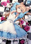  1girl alice_(wonderland) alice_(wonderland)_(cosplay) alice_in_wonderland blue_eyes bow brown_hair card checkered checkered_floor flower hair_bow houjou_hibiki long_hair naokado playing_card precure solo striped striped_legwear suite_precure 