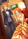  2girls :d armchair between_legs brown_hair chair dararito elbow_gloves formal glasses gloves hand_between_legs hand_on_glasses hoshizora_rin jewelry koizumi_hanayo lamp layered_dress love_live!_school_idol_project multiple_girls necklace open_mouth opera_glasses orange_hair picture_frame ribbon short_hair sitting smile suit violet_eyes white_gloves yellow_eyes yellow_gloves 