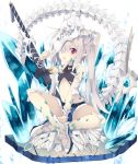  1girl belt bone crossed_legs crystal detached_sleeves long_hair midriff nibiiro_shizuka open_mouth original pointy_ears ponytail red_eyes shoes shorts silver_hair sitting skull slit_pupils solo spread_legs sword tail weapon 