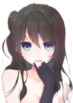  1girl absurdres black_gloves black_hair blue_eyes breasts cleavage finger_to_mouth gloves highres licking_lips long_hair looking_at_viewer mayuri_kaichou nude pale_skin simple_background smile solo tamasaka_makoto tokyo_7th_sisters tongue tongue_out white_background 