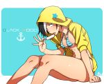  1girl bikini black_hair black_hood breasts cross cross_necklace hair_over_one_eye hoodie kamezaemon licking multicolored_hair open_clothes open_hoodie original popsicle sitting solo swimsuit thong two-tone_hair white_hair 