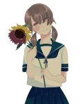  1girl bangs blouse brown_eyes collared_shirt flower itomagoi kantai_collection low_twintails neckerchief parted_bangs sailor_collar school_uniform serafuku shirayuki_(kantai_collection) shirt skirt smile solo sunflower twintails 