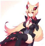  1girl animal_ears black_legwear blonde_hair blush breasts cleavage covered_navel dark_falz_apprentice extra_ears fox_ears fox_tail gloves gradient_hair highres large_breasts looking_at_viewer multicolored_hair muryou paw_print phantasy_star phantasy_star_online_2 pink_hair pointing pointy_ears red_eyes short_hair_with_long_locks sitting solo tail thigh-highs 