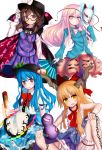  4girls blue_hair bow brown_eyes brown_hair cape chain fox_mask glasses gourd hat hat_bow hata_no_kokoro highres hinanawi_tenshi horn_ribbon horns ibuki_suika long_hair mask multiple_girls pink_eyes pink_hair red-framed_glasses ribbon sword_of_hisou touhou usami_sumireko zibun_owl 