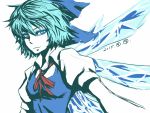  1girl blue_dress blue_eyes blue_hair bow cirno dated dress hair_bow ice ice_wings looking_at_viewer miata_(pixiv) puffy_short_sleeves puffy_sleeves shirt short_hair short_sleeves solo touhou upper_body wings 