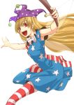  1girl alternate_legwear blonde_hair clownpiece fairy_wings hat highres jester_cap kakao_(noise-111) long_hair open_mouth red_eyes solo striped striped_legwear thigh-highs torch touhou wings 