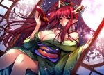  1girl absurdres bare_shoulders breasts cleavage earrings floral_print full_moon hair_ornament highres horn_ornament horns japanese_clothes jewelry kimono large_breasts long_hair moon obi ouma_tokiichi pointy_ears redhead sakazuki sash side_ponytail sky sliding_doors smile solo spilling star_(sky) starry_sky violet_eyes 