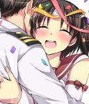  1boy 1girl :d ^_^ admiral_(kantai_collection) black_hair blush closed_eyes confetti detached_sleeves faceless faceless_male headband highres hug kantai_collection nagara_(kantai_collection) open_mouth pentagon_(shape) ponytail ribbon school_uniform serafuku short_hair side_ponytail sk02 smile uniform 