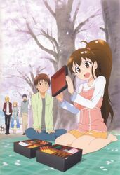  2girls 3boys :d absurdres bare_legs barefoot blanket brown_eyes brown_hair cherry_blossoms glasses hanami hands_on_lap highres indian_style long_hair long_sleeves multiple_boys multiple_girls obentou official_art open_mouth outdoors picnic ponytail satou_jun shorts sitting smile souma_hiroomi takanashi_souta taneshima_popura todoroki_yachiyo v_arms wariza working!! 