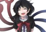  1girl :d asymmetrical_wings black_dress black_hair bow dress houjuu_nue ichiba_youichi open_mouth pointy_ears puffy_short_sleeves puffy_sleeves short_sleeves smile solo touhou upper_body wings 