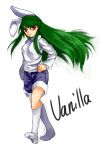  1girl animal_ears attall breasts character_request commentary full_body green_hair hands_on_hips highres long_hair rabbit_ears red_eyes shorts sidelocks socks solo turtleneck very_long_hair walking 
