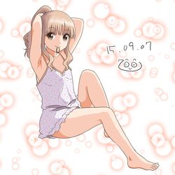  1girl 7001 alternate_hairstyle armpits barefoot blonde_hair brown_eyes collarbone dated nightgown oomuro_sakurako sitting sleeveless solo toes yuru_yuri 