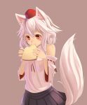  1girl absurdres animal_ears blush brown_background detached_sleeves eating food hat highres inubashiri_momiji pom_pom_(clothes) red_eyes ribbon-trimmed_sleeves ribbon_trim short_hair silver_hair simple_background smile solo tail tokin_hat touhou wolf_ears wolf_tail 