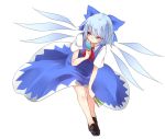  1girl blue_dress blue_eyes blue_hair blush bow cirno dress food haegiwa hair_bow ice ice_wings popsicle short_hair smile solo touhou wings 