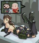  1girl 2boys big_boss binoculars brown_hair diamond_dog dog eyepatch metal_gear_(series) metal_gear_solid_v multiple_boys ponytail prosthesis prosthetic_arm quiet_(metal_gear) revolver_ocelot short_hair splashbrush tongue tongue_out white_hair 