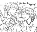  3girls anna_(frozen) child closed_eyes couple elsa_(frozen) english family frozen_(disney) hair_up happy hooreng hug incest monochrome mother_and_daughter multiple_girls one_eye_closed quilt siblings sisters sketch smile tiara yuri 