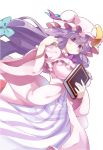  1girl akaneya book breasts capelet coat crescent dress hair_ribbon hat large_breasts long_hair long_sleeves mob_cap open_clothes open_coat patchouli_knowledge purple_dress purple_hair ribbon solo striped striped_dress touhou tress_ribbon very_long_hair violet_eyes wide_sleeves 