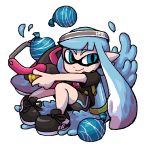  1girl aqua_hair bangs bike_shorts blue_eyes blunt_bangs bucket hakusotorakugaki inkling pointy_ears shoes sidelocks sitting smile sneakers splashing splatoon t-shirt tank_(container) water_balloon 