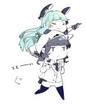  2girls aqua_hair black_hair blush chibi closed_eyes closed_mouth female_admiral_(kantai_collection) girl_on_top hand_on_head hand_on_headwear hat kantai_collection multiple_girls murakumo_(kantai_collection) on_person pantyhose pepekekeko pointing pout watabe_koharu 