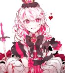  1girl bowtie crown grin heart looking_at_viewer original pink_hair piyo_(ppotatto) red_eyes simple_background skull-shaped_pupils smile solo white_background 