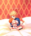  2girls anna_(frozen) baby blonde_hair blue_eyes blush child elsa_(frozen) english frozen_(disney) hairband hooreng hug multiple_girls on_bed orange_hair pillow siblings sisters sitting smile younger 