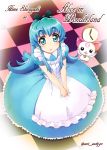  1girl :o alice_(wonderland) alice_(wonderland)_(cosplay) alice_in_wonderland alternate_costume blue_dress blue_eyes blue_hair character_name checkered checkered_floor clock cosplay dress hairband happinesscharge_precure! highres hummy_(suite_precure) long_hair looking_at_viewer precure satogo shirayuki_hime suite_precure twitter_username 