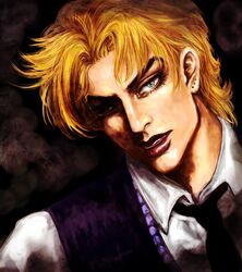  1boy birthmark blonde_hair blue_eyes dio_brando face formal jojo_no_kimyou_na_bouken male_focus necktie portrait sabano_(haldir) shaded_face solo vest 