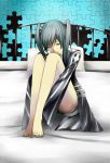  bed black_hair blue_eyes d.gray-man feet highres legs lenalee_lee looking_down puzzle sitting toes twintails 