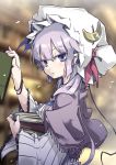  1girl alternate_hair_length alternate_hairstyle blurry bob_cut book capelet carrying crescent depth_of_field dress long_sleeves looking_at_viewer noya_makoto patchouli_knowledge purple_hair short_hair solo striped striped_dress touhou violet_eyes wide_sleeves 
