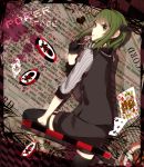  1girl black_gloves cardigan clubs_(playing_card) diamond_(playing_cards) gloves green_eyes green_hair gumi hair_ornament heart highres hiiro kneeling looking_at_viewer newspaper poker_chip poker_face_(vocaloid) skull_and_crossbones smile song_name spikes text vocaloid 