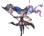  &gt;:( 1girl arm_up armor armored_dress bare_shoulders beltskirt black_legwear blonde_hair boots breasts cleavage dress flag flower frown full_body gauntlets granblue_fantasy hair_flower hair_ornament holding holding_sword holding_weapon jeanne_d&#039;arc_(granblue_fantasy) lavender_eyes lily_(flower) long_hair low-tied_long_hair minaba_hideo official_art overskirt purple_dress short_dress solo sword thigh-highs transparent_background weapon 
